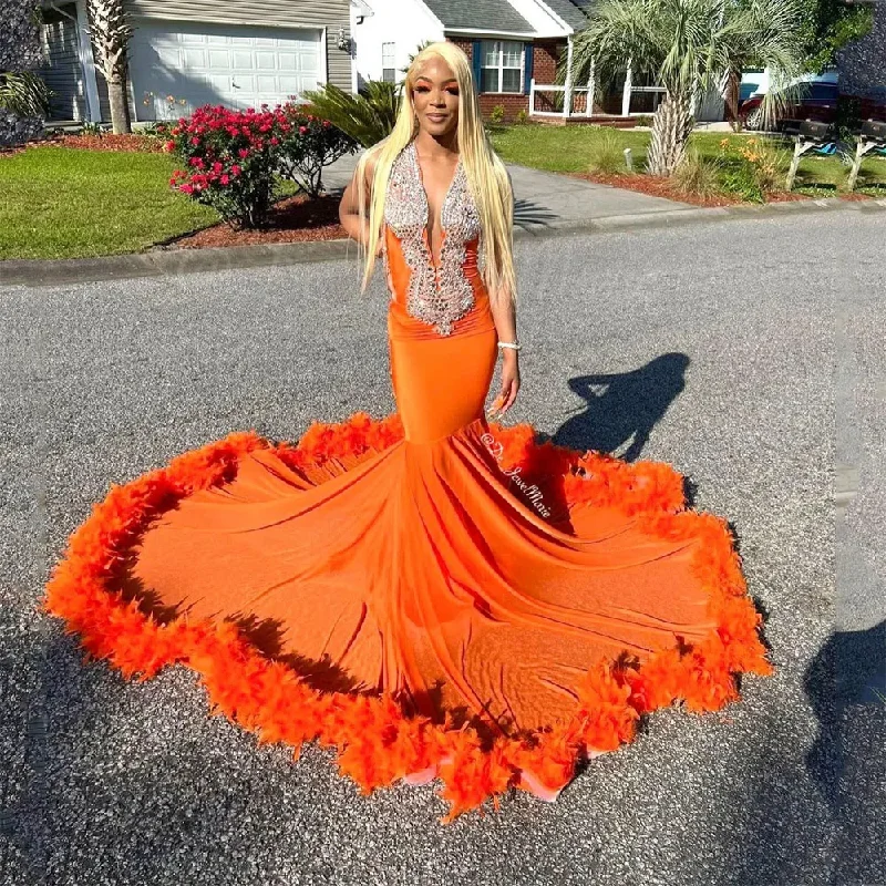 Playful Fashion Offers Seasonal Trend Orange Luxury Elegant Mermaid Prom Dresses Feathers Sequins Sparkly Sweep Train Women Long Evening Party Gowns Custom Made