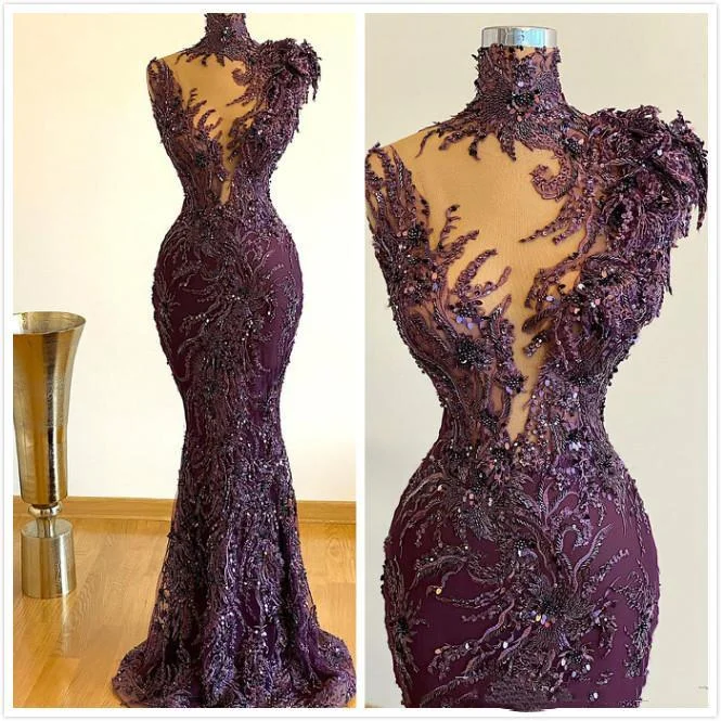 Limited Time Feminine Flow Luxurious Arabic Style Mermaid Prom Party Dresses Grape Full Lace Beaded Plus Size Formal Evening Occasion Gowns