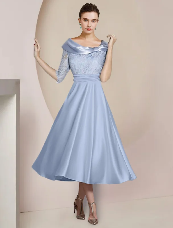 Affordable Luxury Fashion Playful Elegance A-Line Mother of the Bride Dress Party Elegant Scoop Neck Tea Length Satin Lace Half Sleeve with Bow(s) Pleats