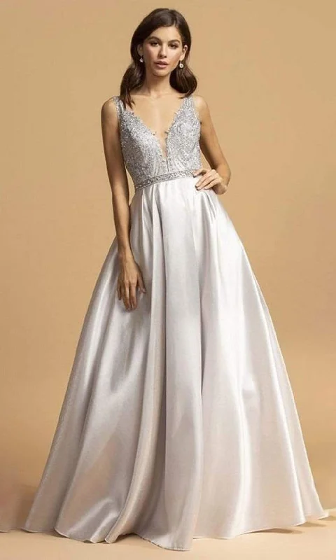 Urban Fashion Effortless Style Trevi Collection - L2168 Long Bejeweled Bodice Satin Dress