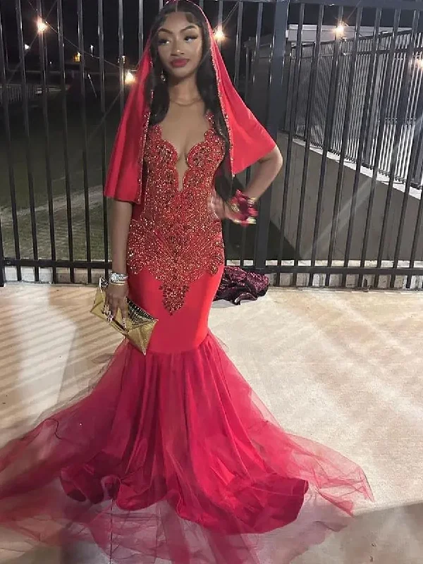 Break Fashion Norms Boho - Chic Festival - Ready Style Luxury Red Sequin Mermaid Prom Dresses Beaded Crystals Black Girl Evening Gowns Ruffles Formal Party Dress