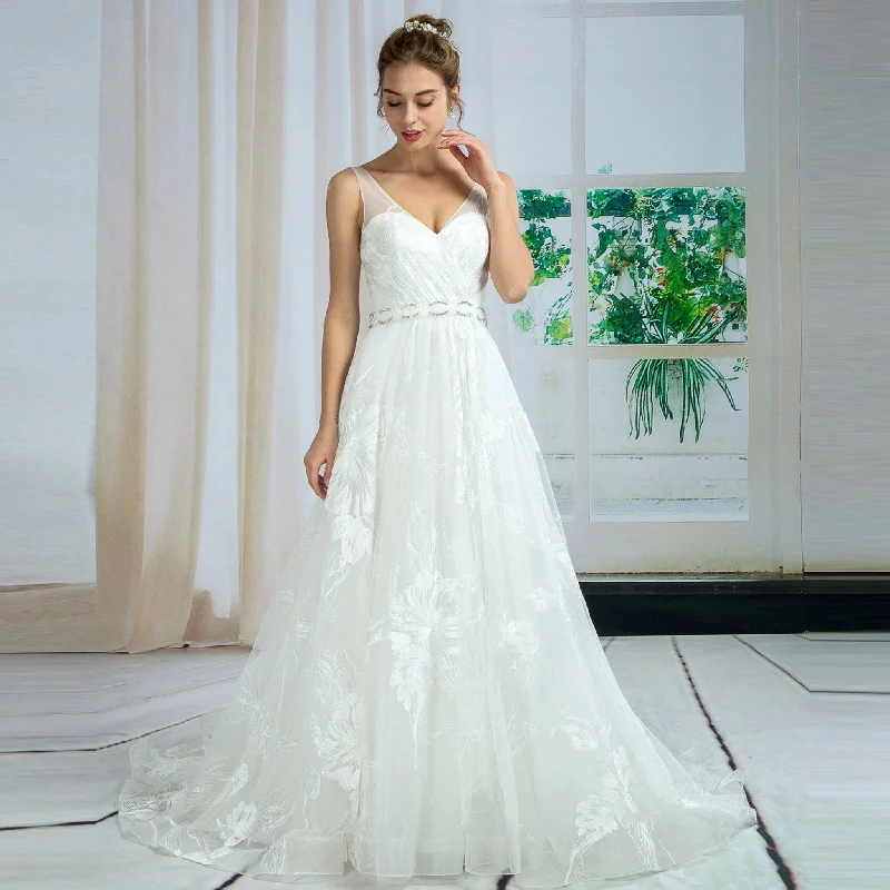 Day-To-Night Styles Chic Allure Double V Floral Lace A-line Wedding Dress with Crystal Sash