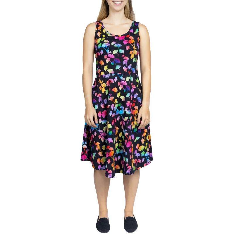 New Styles Just In Minimalist Office - Ready Style Rainbow Ginkgo Leaves Sleeveless Fit & Flare Dress