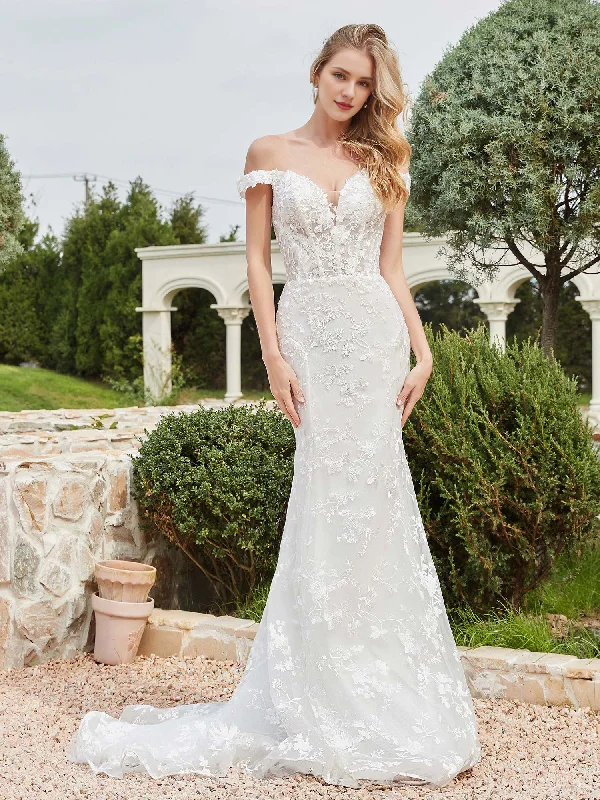 Premium Style Offers Elegant Contour Off shoulder applique tight lace bridal gown