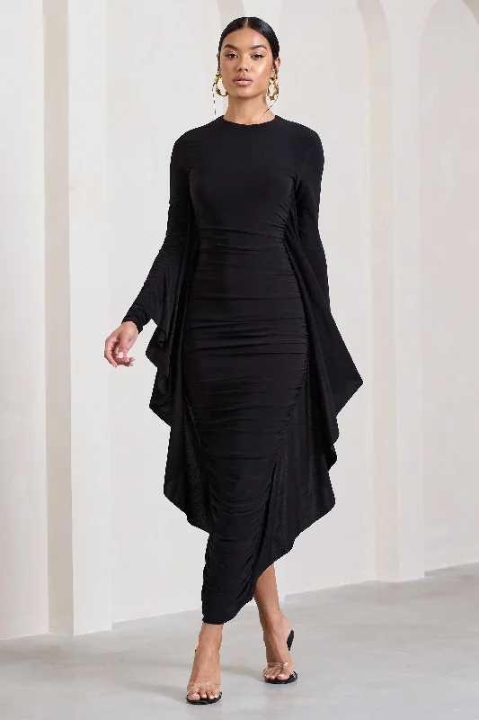 Flash Sale Now Modern Romance Keva | Black Long Sleeve Ruched Maxi Dress with Cape Detailing