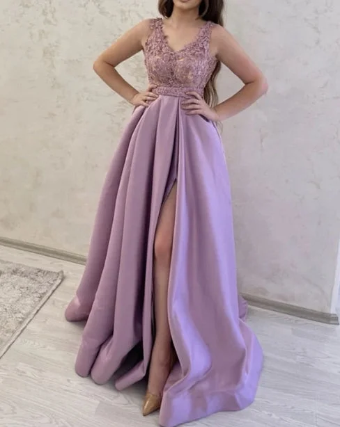 Fashion Sale Dreamy Draping A-line Satin V Neck Appliques Split Dresses Evening Dresses Prom Dresses