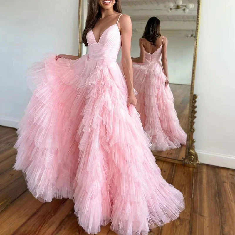 Hot Styles Classic Appeal Elegant Ball Gown Beautiful V-Neck Sleeveless Sweep / Brush Train Tulle with Ruffles Woman Formal Evening Party Prom Dresses