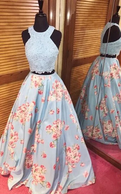 Latest Fashion Cottagecore Rustic Charm Style Blue Floral Print Beaded A Line Applique Two Piece Long Prom Dress cg5298