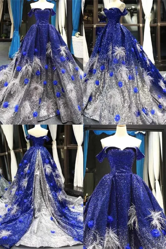 Get The Latest Trends Feminine Allure Royal Blue Off Shoulder Prom Dresses Ball Gown Sequined Plus Size Formal Gown S20992