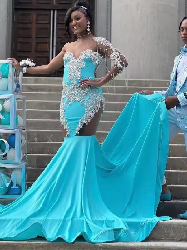 Day-To-Night Styles Elegant Details Turquoise Blue African Mermaid Prom Celebrity Gown with Long Sleeve One Shoulder Crystal Applique Evening Birthday Dress