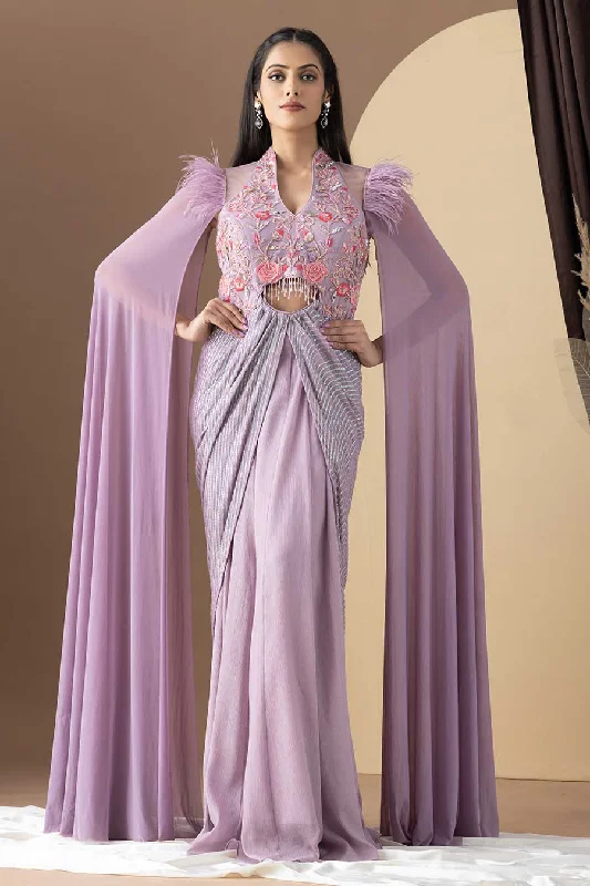 Season Offer Effortless Style Lavender Embroidered Draped Gown