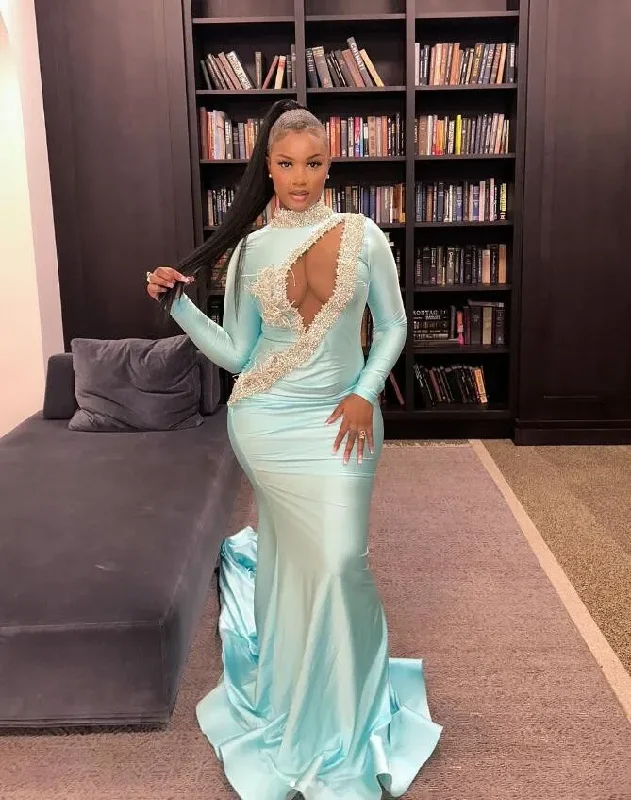 Best Deals Of The Season Chic Allure Ice Blue Mermaid Prom Birthday Dresses for Black Girl Long Sleeve Sparkly Crystal Beaded Sexy Hole Evening Birthday Gala Gown