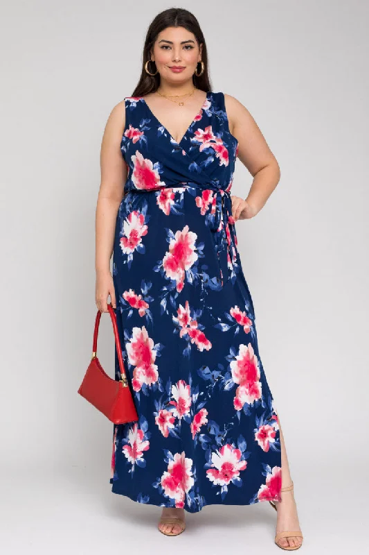 Easy Elegance Sales Weekend Special Sleeveless V-Neck Tie Waist Maxi Dress | Navy/Mauve Floral