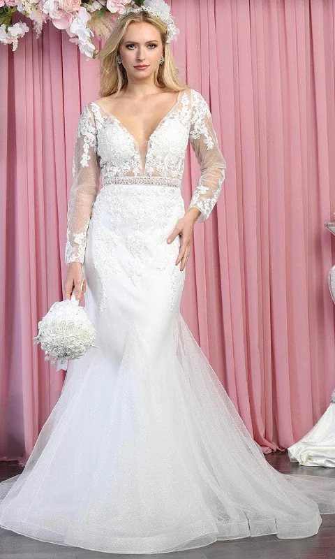 Hurry Before It'S Gone Minimalist Elegant May Queen RQ7892 - Long sleeves Deep V-neck Wedding Gown