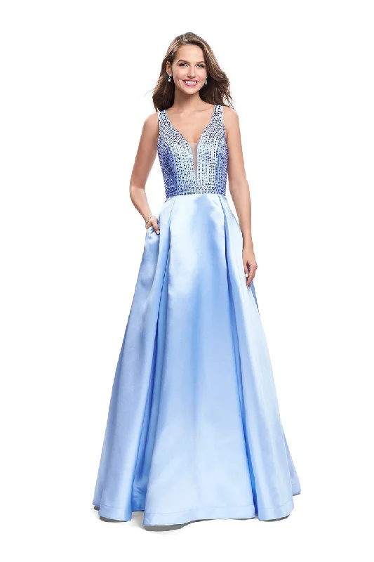 Swimwear Summer Blowout Casual Elegance La Femme Gigi - Deep V-Neck Beaded Satin A-line Gown 26293 - 1 pc Powder Blue In Size 8 Available