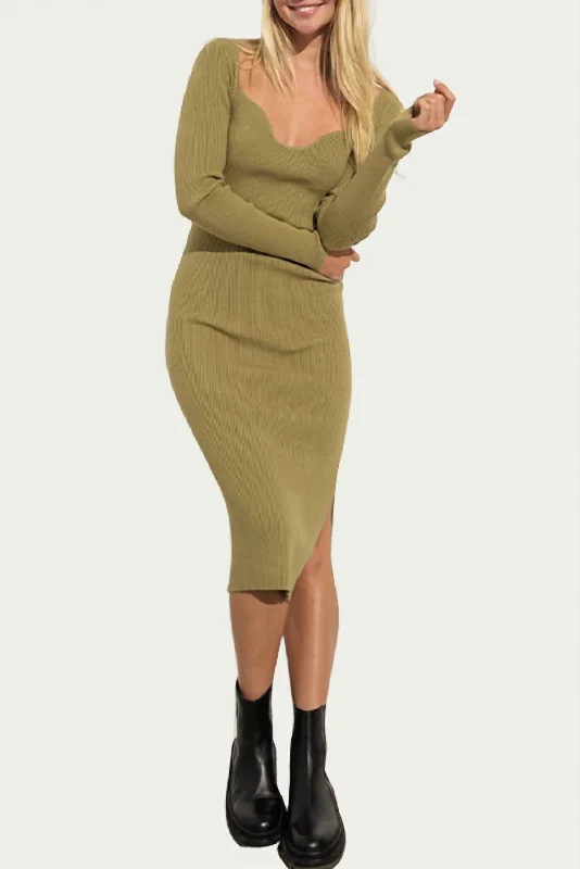 Quick Grab Deals Contemporary Chic Ribbed-Knit Sweetheart-Neck Midi Dress in Olive