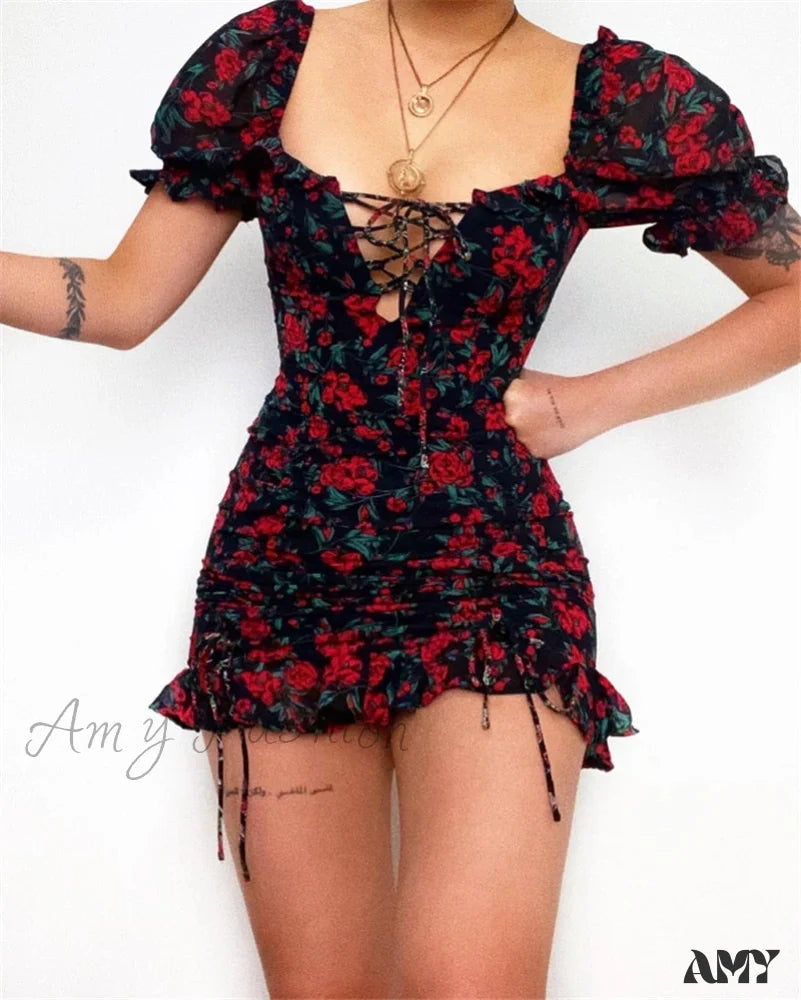 Season Sale Boho - Chic Festival - Ready Style Amy Fashion - Vintage Floral Puff Sleeve Short Ruffles Dress