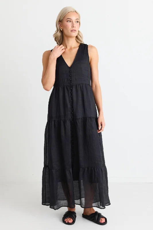 Limited-Time Offer Save on Classic Elegant Styles Pacific Black Cotton Voile Sleeveless Button Front Tiered Maxi Dress