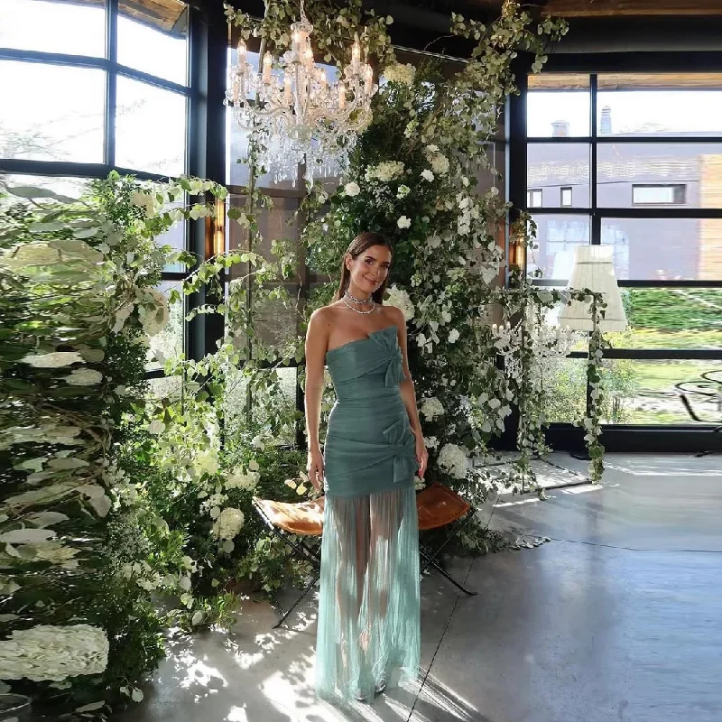 Trendy Pulse Floral Style Turquoise Green Strapless Bow Banquet Party Dresses Pleated Sheer Tulle Formal Dress Floor Length Long Sleeveless Prom Gowns