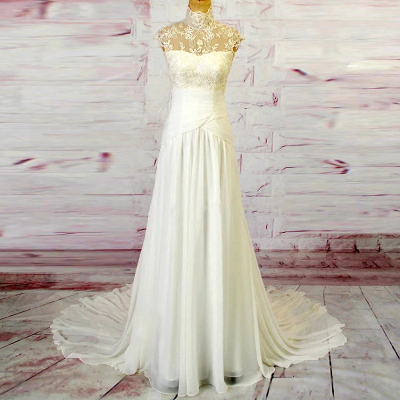 Holiday Glam Artful Design High Sheer O-Neck Lace Ruch Chiffon Sheath Wedding Dress