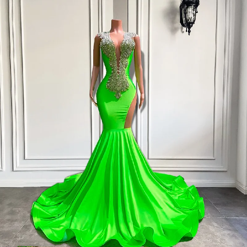 Minimalist Fashion Sale Formal Outfit Long Mermaid Style Prom Dresses Sheer O-neck Fitted Sparkly Silver Diamond Black Girl Green Prom Gala Formal Gowns