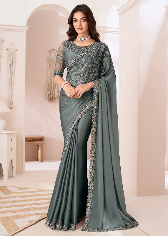 Special Offers Effortless Style Attractive Slate Grey Satin Silk Designer Wear Saree