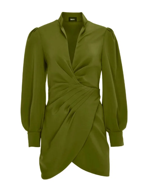 Urban Elegance Deals Playful Elegance Deep V Draped Mini Dress In Olive