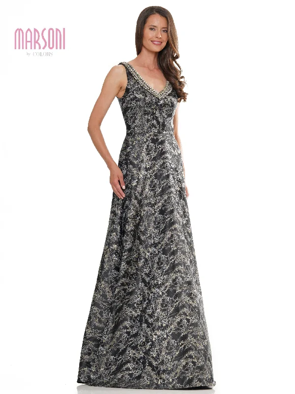 Relaxed Style Luxe Layering Marsoni MV1267 Long Sleeveless V Neck Jacquard Formal Dress