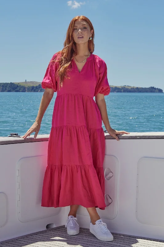 Clearance Event Disco - Inspired Retro Dance Look Santorini Raspberry Linen Puff Ss V-Neck Tiered Maxi Dress