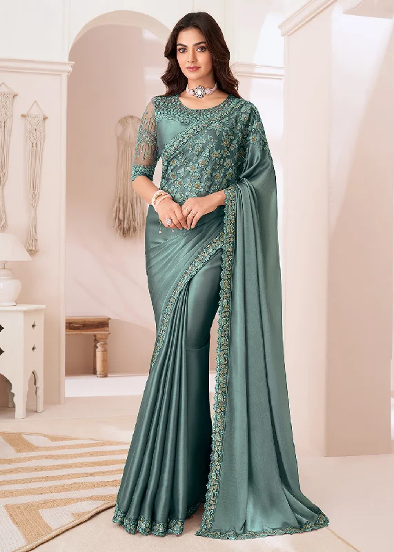 Hot Deals Statement Piece Attractive Dusty Sea Green Satin Silk Designer Wear Saree