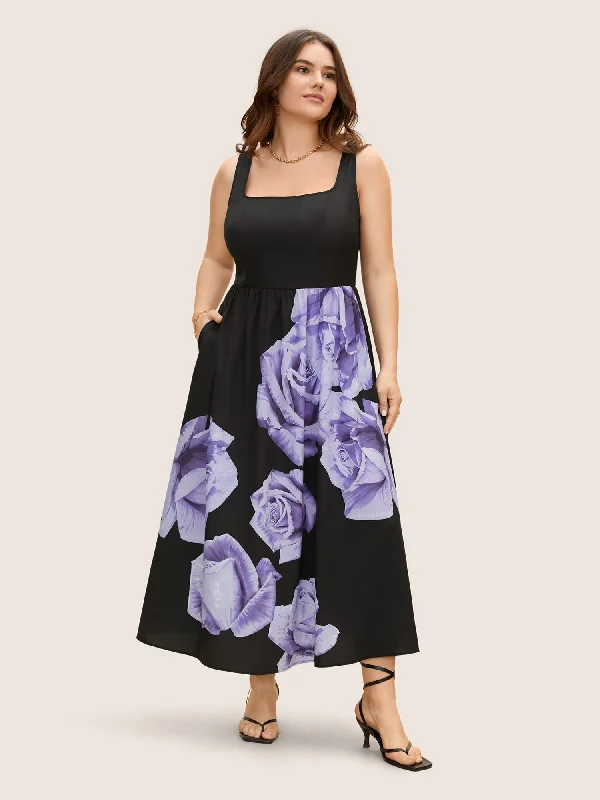 Huge Discounts This Week Elegant Ensemble Square Neck Rose Print Elastic Waist Maxi Dress