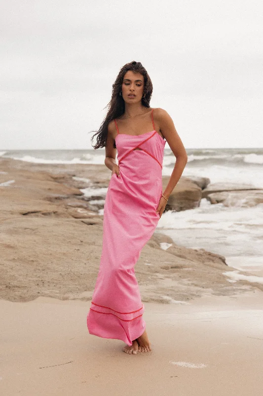 Unleash Your Trendy Side Disco - Inspired Retro Dance Look Callie Contrast Trim Maxi Dress - Pink