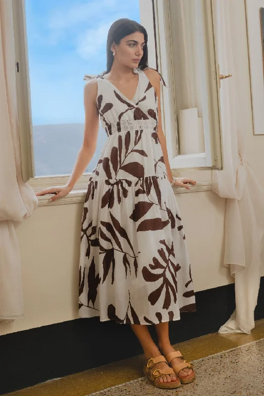 Latest Fashion Timeless Elegant Wishful Chocolate Leaves Cotton Tie Strap Tiered Maxi Dress