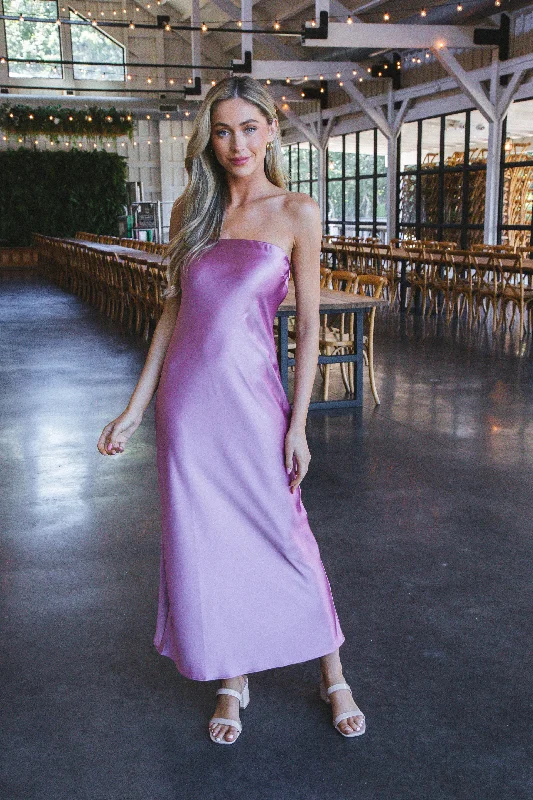 Affordable Luxury Fashion Everyday Glamour Jessamine Satin Strapless Dress, Mauve Shadows | Steve Madden