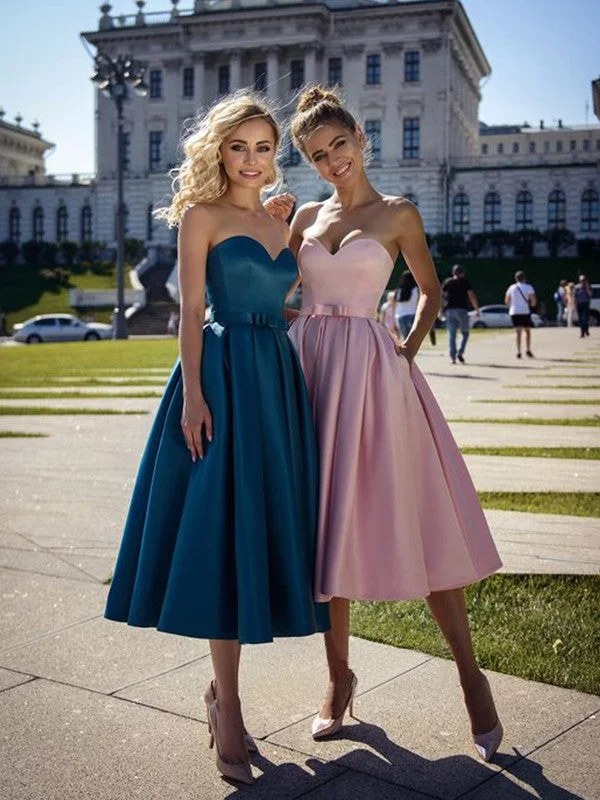 Classy Style Discounts Formal Outfit A-Line/Princess Satin Bowknot Sweetheart Sleeveless Tea-Length Homecoming Dresses