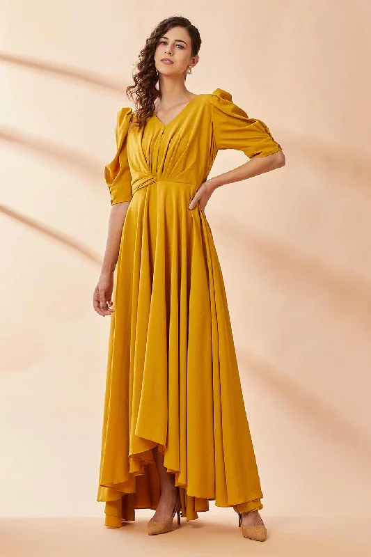 Limited Stock, Big Discounts Everyday Glamour Mustard Yellow Drape Gown Dress