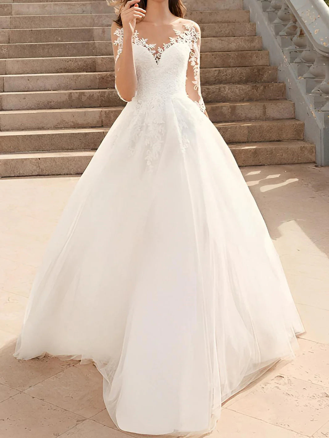 Seasonal Picks Feminine Allure Applique A-line/Princess Transparent Collar Lace Wedding Dress