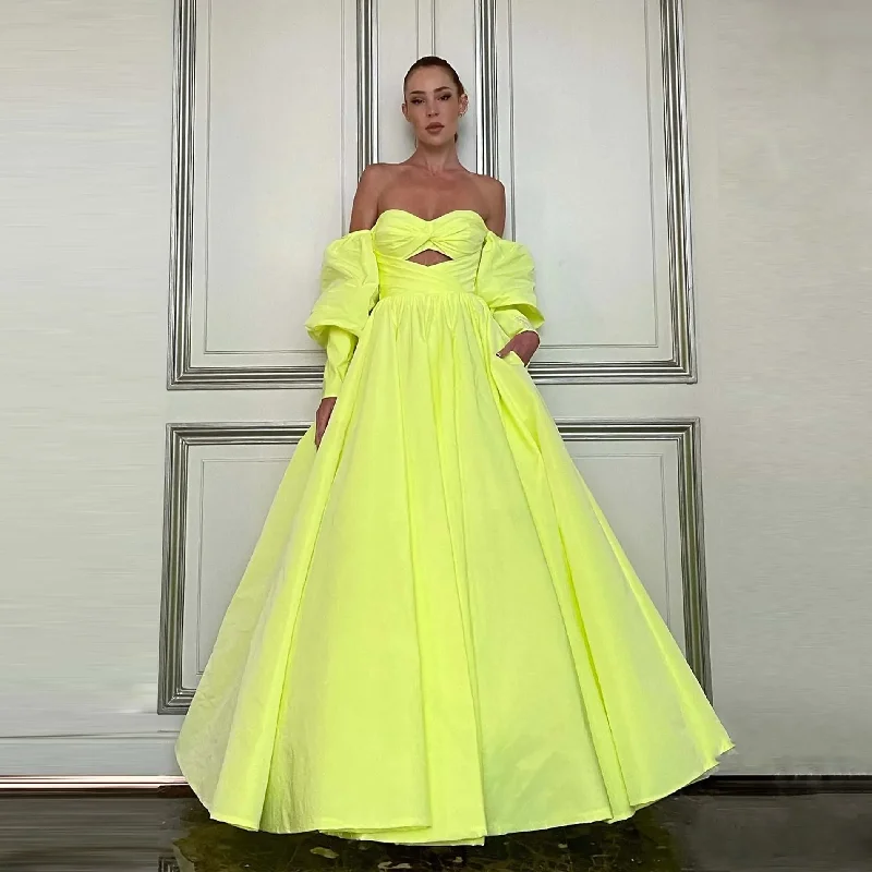 Big Discounts Classic Charm Charming Off the Shoulder Yellow Prom Dresses with Pockets Puffy Sleeves Stretch Back Ball Gown Formal Occasion Dress Party Gown