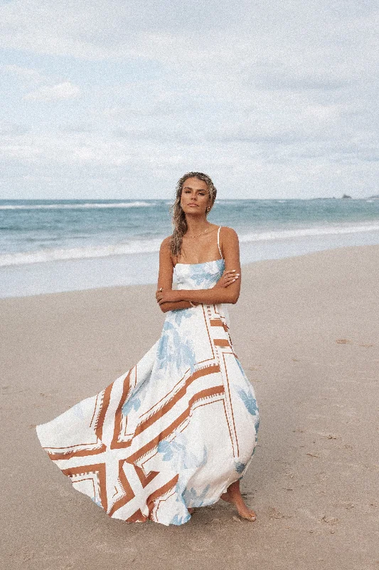 Dive Into Trendy Styles Coastal Beach - Inspired Style Elanor Maxi Dress - Pale Blue Print