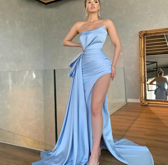 Smart Casual Deals Effortless Grace Elegant Sky Blue Evening Dresses Mermid Strapless Sleeveless Sexy High Slit Pleat Droped Dubai Stylish Gowns,BG066