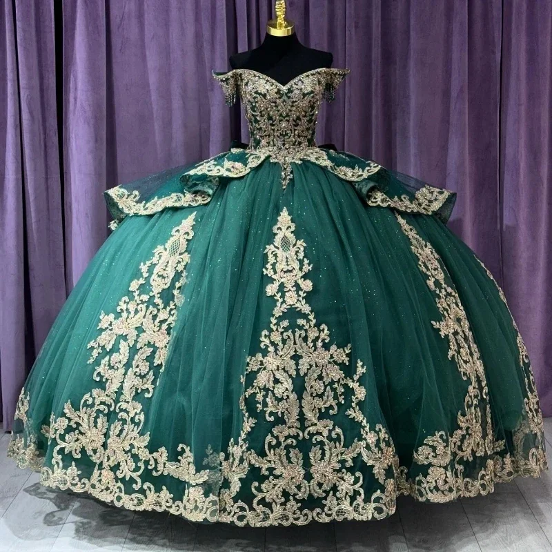 Contemporary Chic Promotions Luxe Layering Emerald Green Shiny Quinceanera Dresses For Sweet 16 Princess Gown Gold Applique Lace Beads Birthday Party Prom Dresses Vestido