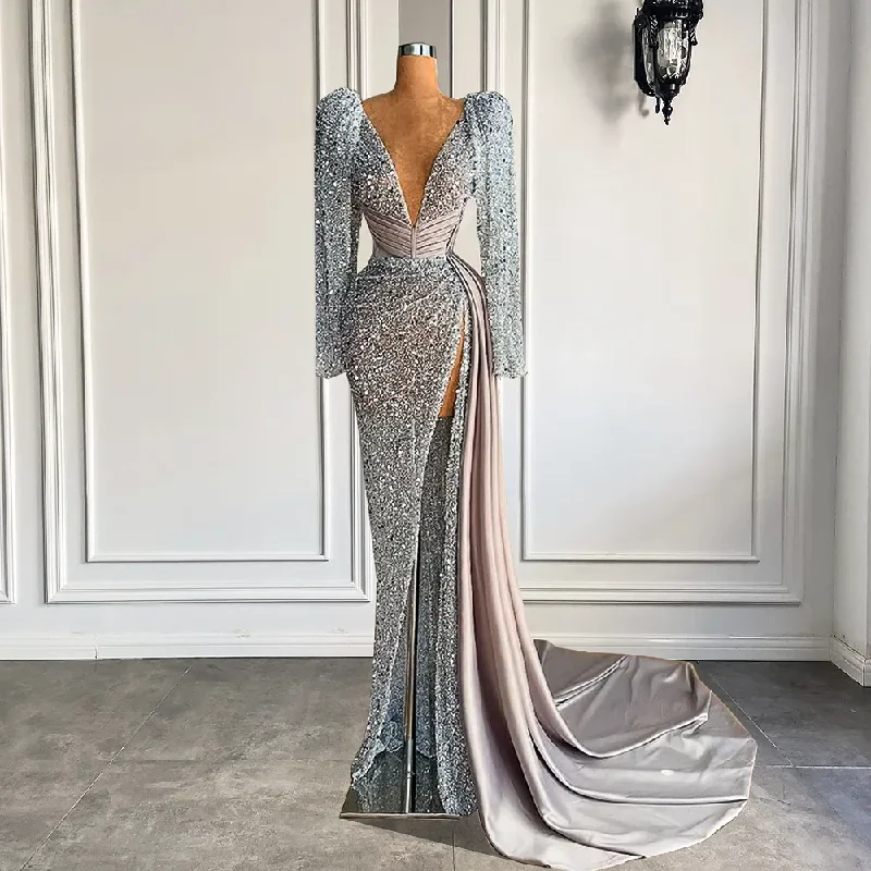 Street Style Discounts Seasonal Trend Long Sleeve Sexy Women Evening Dress V-neck Luxury Beaded Mermaid High Slit Silver Formal Evening Gowns