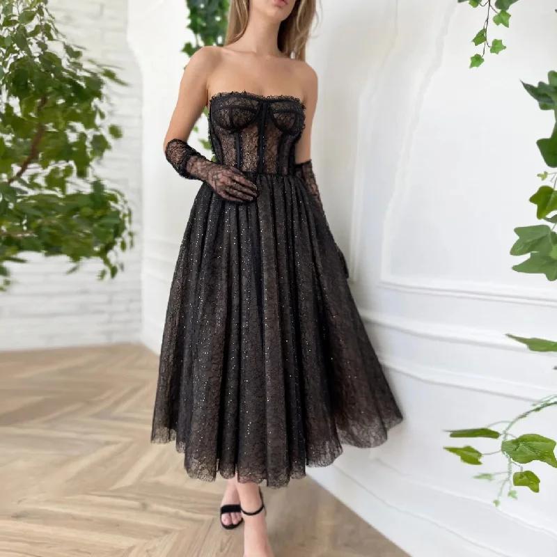 Flash Sales Bold Patterns Charming Little Black Lace Dresses Strapless Exposed Boning Formal Womem Cocktail Party Gowns Tea Length Sparkly Maxi Night