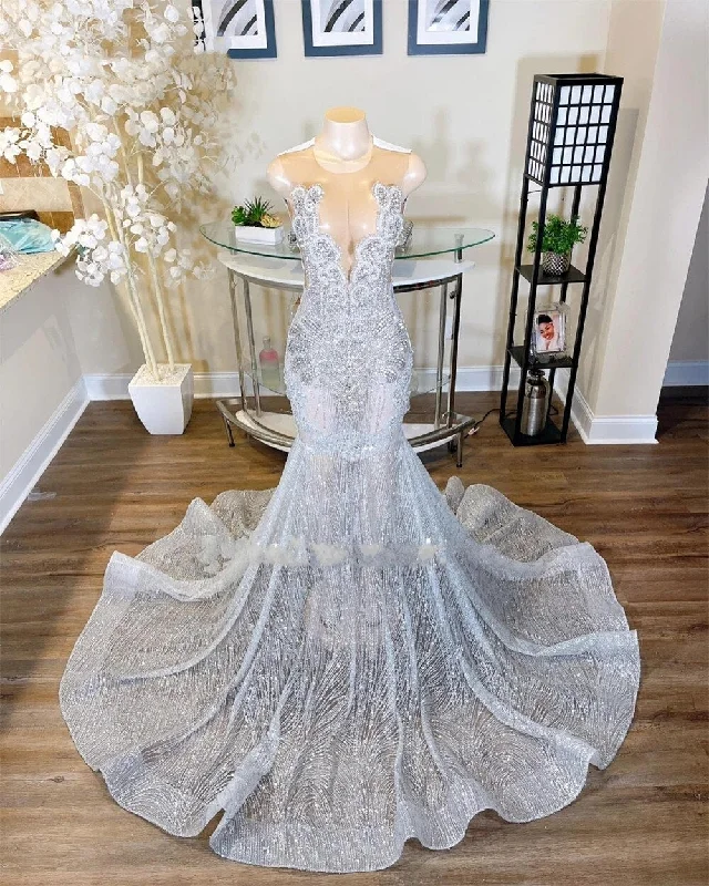 Limited Time Offers Chic Urban Fashion Look Sparkly Prom Dresses Silver O Neck Mermaid Crystal Beading Birthday Party Gown