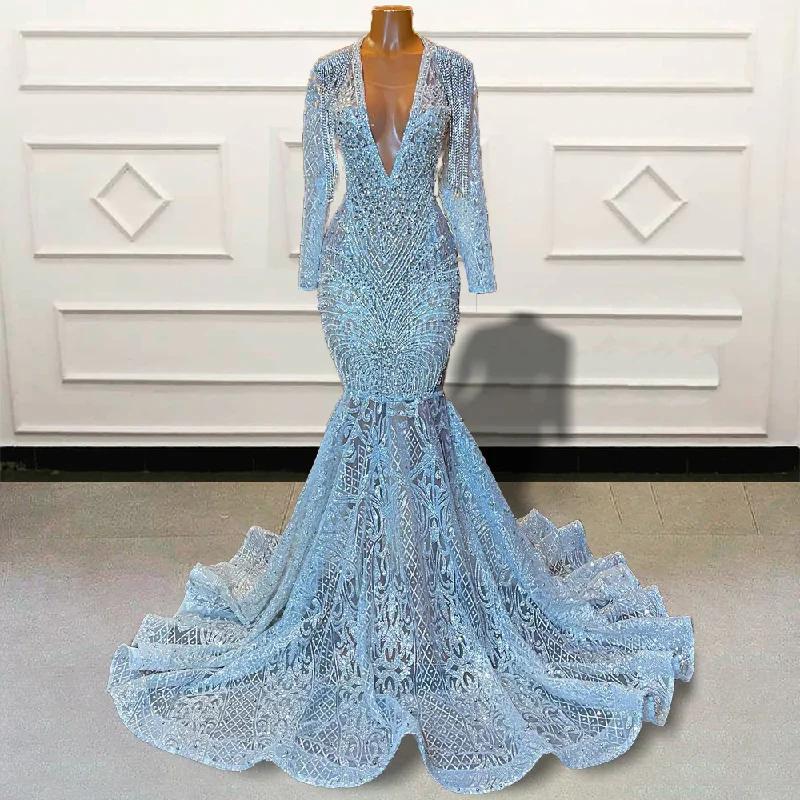 Elegant Fashion Offers Great Deals on Ethnic Cultural Wear Luxury Black Girl Mermaid Long Prom Dresses Sparkly Sequined Beaded Full Sleeves V Neck Women Custom Formal Evening Gown