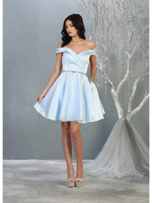 Season Sale Timeless Elegant May Queen - MQ1815 Off Shoulder Satin cocktail Dress