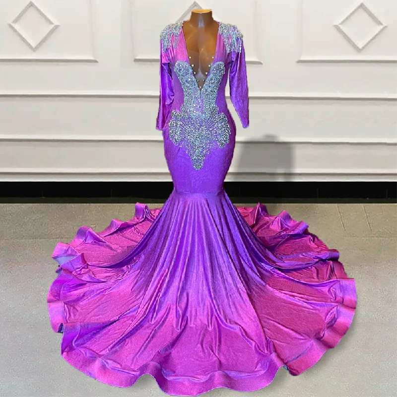 Casual Chic Deals Limited - Edition Drops Glitter Beaded Purple Mermaid Long Prom Dresses for Graduation Party Full Sleeves Backless Women Custom Formal Evening Gown