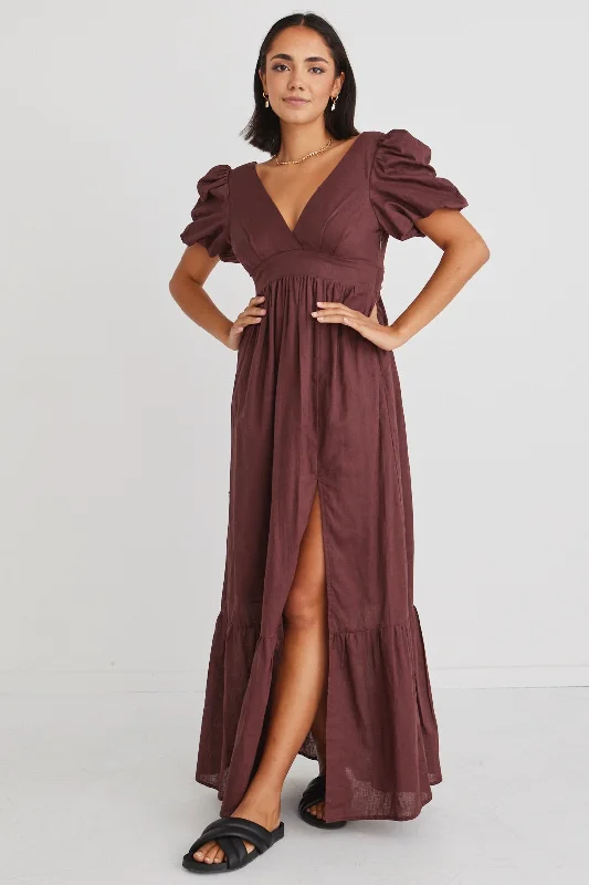 Season Sale Minimalist Elegant Ever After Raisin Linen Puff Sleeve Maxi Dress