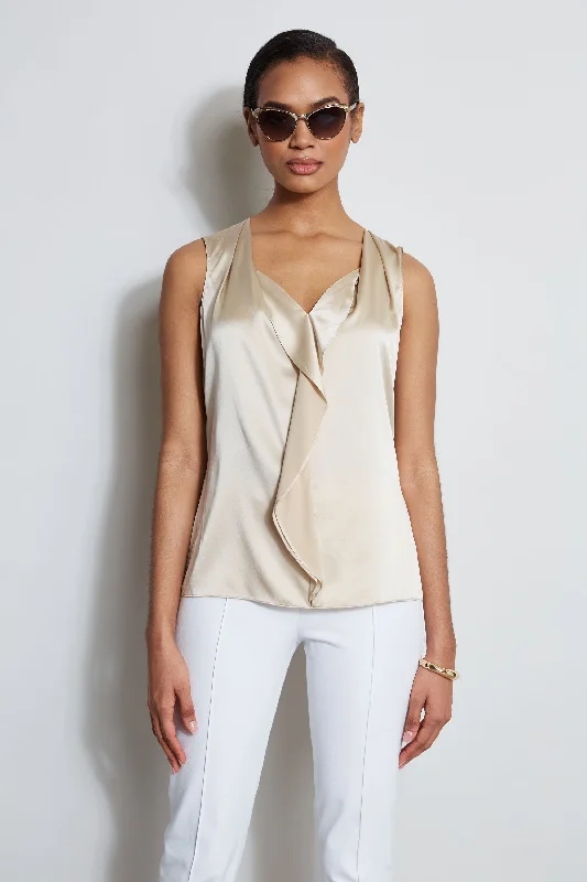 New Season Fashion Preview Sale Feminine Elegant Silk Satin Sleeveless Cascade Shirt