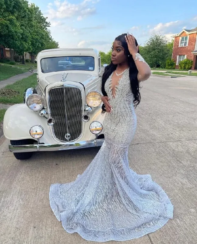 Fashion Forward Subtle Sophistication Silver Diamond Sparkly Mermaid Prom Formal Dresses for Black Girl Luxury Diamond Gillter Evening Gown